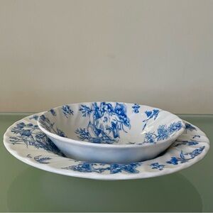 Queen’s China Toile Blue Set of 8 Flat Rim Soup Salad Bowls 8.75” and 6.5” Bowls